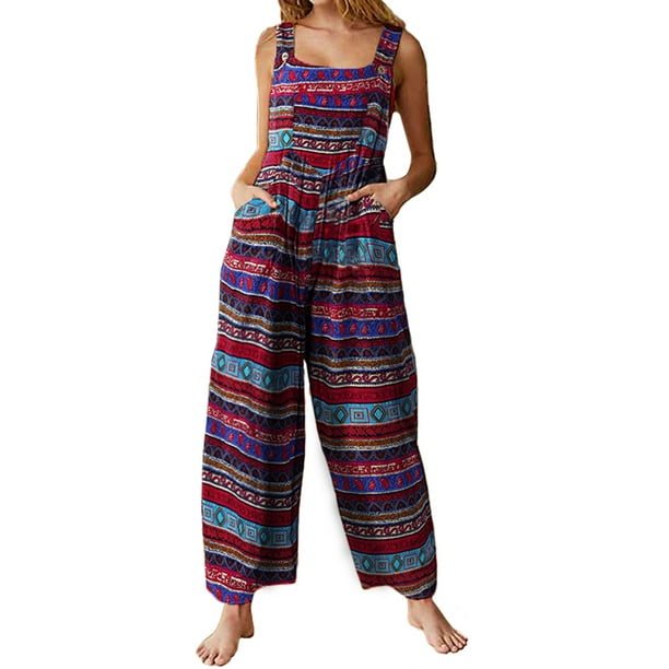 Women Bib Jumpsuit Vintage Print Bohe Loose Pants Cotton Linen Overalls Women Bib Jumpsuit Vintage Print Bohe Loose Pants Cotton Linen Overalls